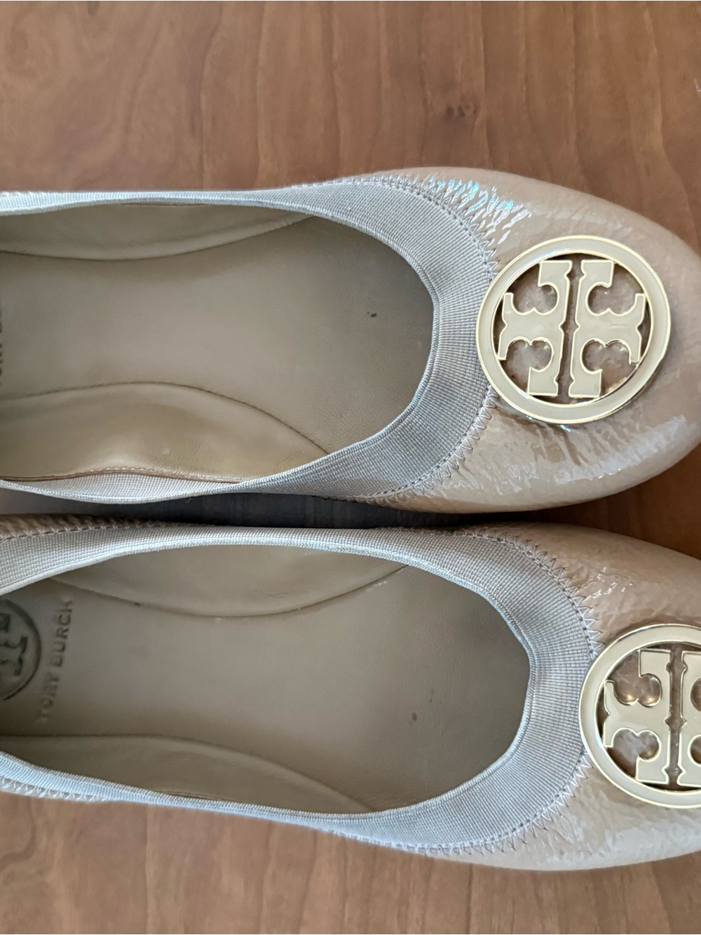 Tory Burch Patent Nude Ballet Flats with Gold Logo